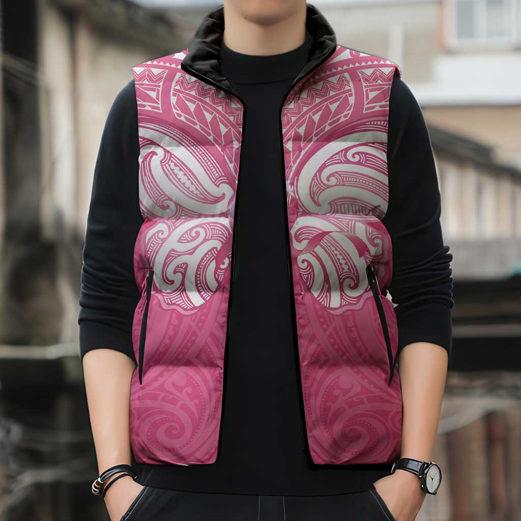 New Zealand Breast Cancer Awareness Sleeveless Puffer Jacket Maori Butterfly Pink Ribbon LT14 - Polynesian Pride