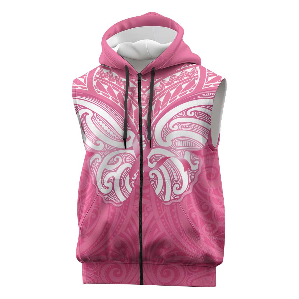 New Zealand Breast Cancer Awareness Sleeveless Zip Hoodie Maori Butterfly Pink Ribbon LT14 Pink - Polynesian Pride