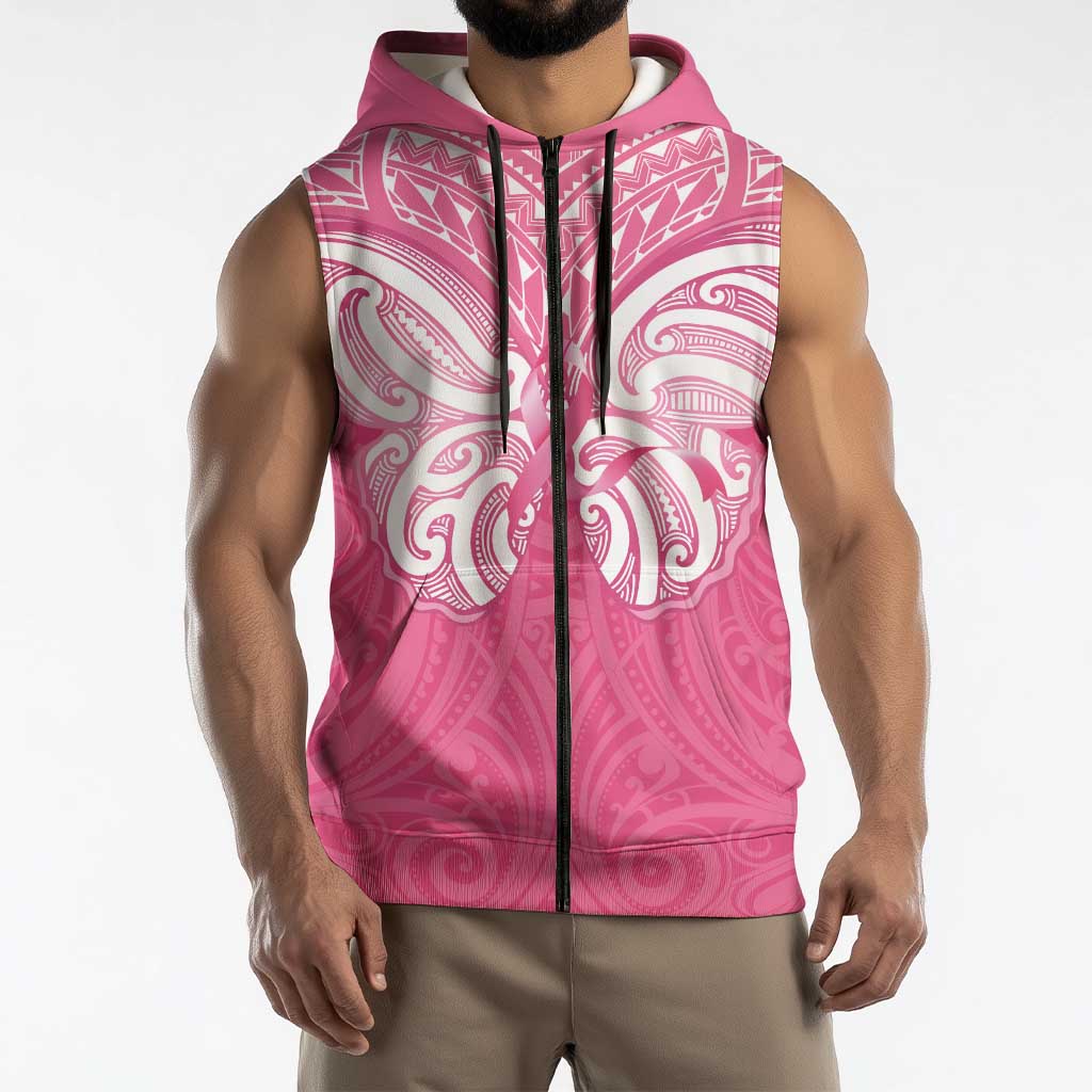 New Zealand Breast Cancer Awareness Sleeveless Zip Hoodie Maori Butterfly Pink Ribbon LT14 - Polynesian Pride