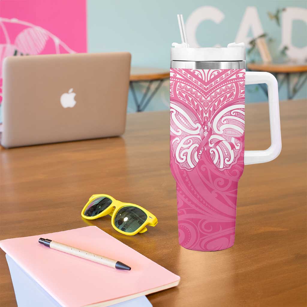 New Zealand Breast Cancer Awareness Tumbler With Handle Maori Butterfly Pink Ribbon LT14 - Polynesian Pride
