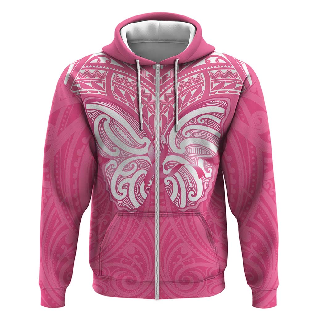 New Zealand Breast Cancer Awareness Zip Hoodie Maori Butterfly Pink Ribbon LT14 Zip Hoodie Pink - Polynesian Pride
