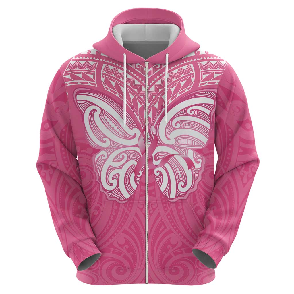 New Zealand Breast Cancer Awareness Zip Hoodie Maori Butterfly Pink Ribbon LT14 - Polynesian Pride