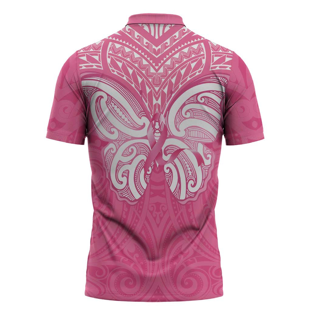 New Zealand Breast Cancer Awareness Zipper Polo Shirt Maori Butterfly Pink Ribbon LT14 - Polynesian Pride
