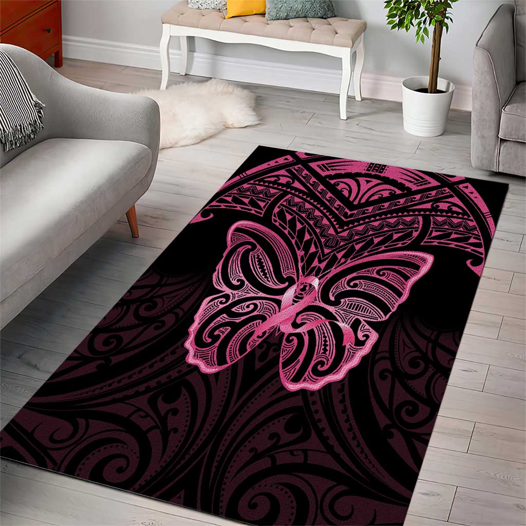 New Zealand Breast Cancer Awareness Area Rug Maori Butterfly Pink Ribbon Black Version - Polynesian Pride