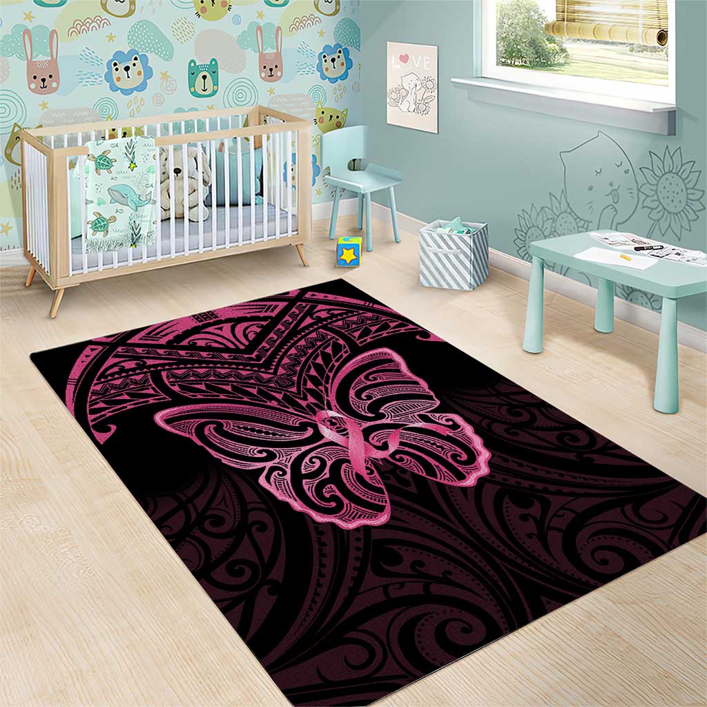 New Zealand Breast Cancer Awareness Area Rug Maori Butterfly Pink Ribbon Black Version - Polynesian Pride