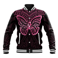 New Zealand Breast Cancer Awareness Baseball Jacket Maori Butterfly Pink Ribbon Black Version LT14 Unisex Black - Polynesian Pride