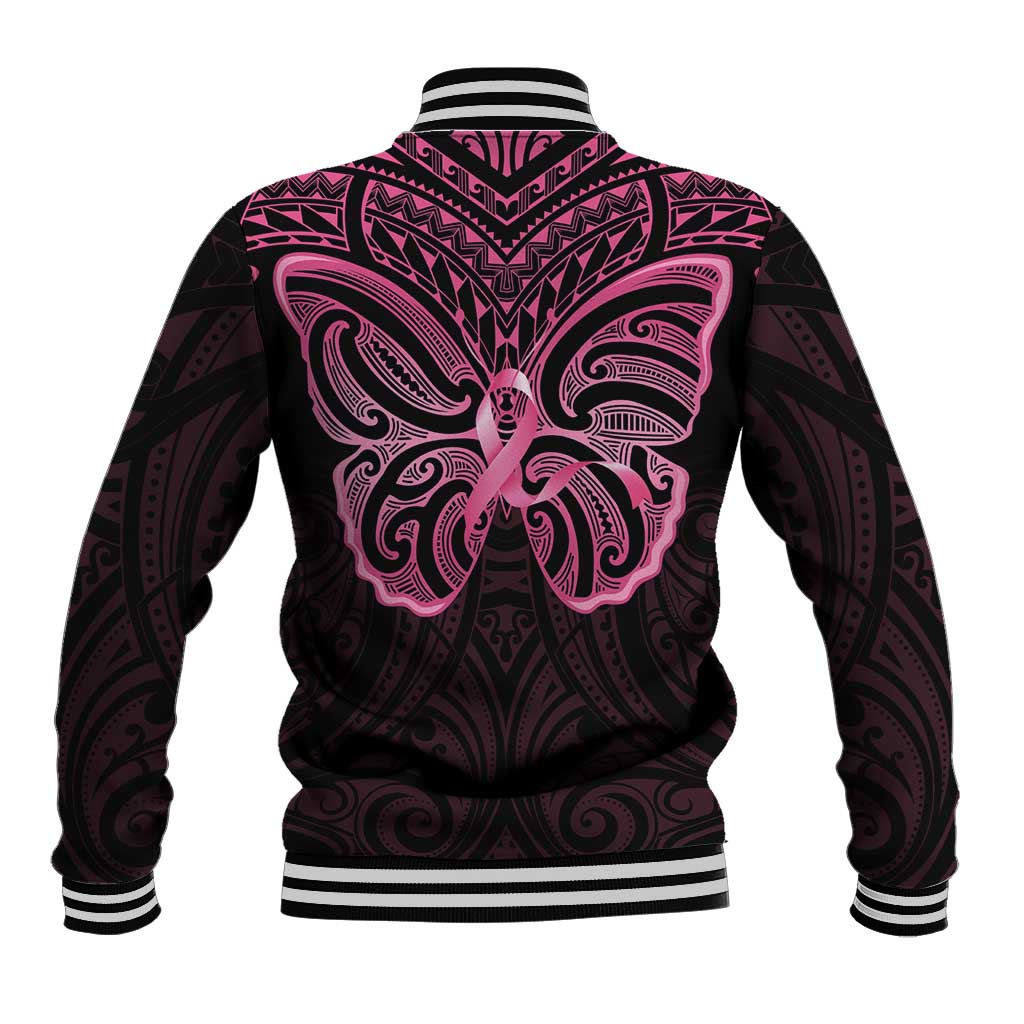 New Zealand Breast Cancer Awareness Baseball Jacket Maori Butterfly Pink Ribbon Black Version LT14 - Polynesian Pride