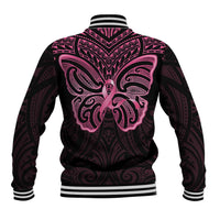 New Zealand Breast Cancer Awareness Baseball Jacket Maori Butterfly Pink Ribbon Black Version LT14 - Polynesian Pride