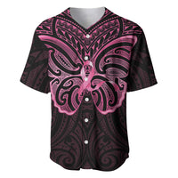 New Zealand Breast Cancer Awareness Baseball Jersey Maori Butterfly Pink Ribbon Black Version LT14 Black - Polynesian Pride
