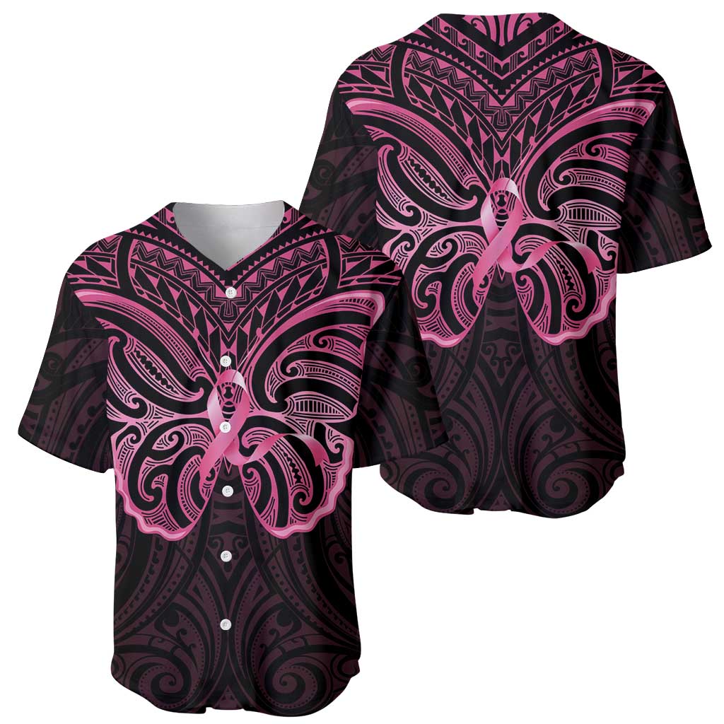 New Zealand Breast Cancer Awareness Baseball Jersey Maori Butterfly Pink Ribbon Black Version LT14 - Polynesian Pride