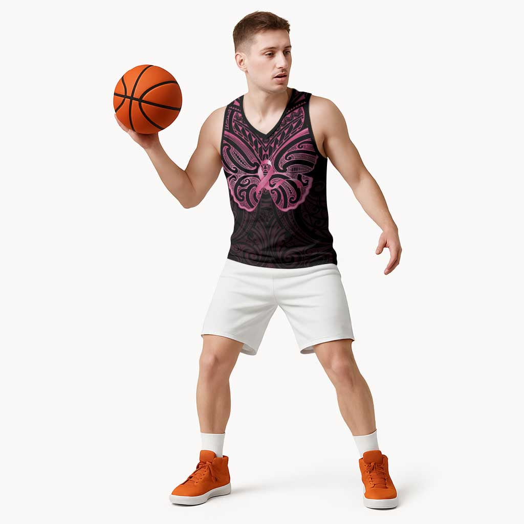 New Zealand Breast Cancer Awareness Basketball Jersey Maori Butterfly Pink Ribbon Black Version LT14 - Polynesian Pride