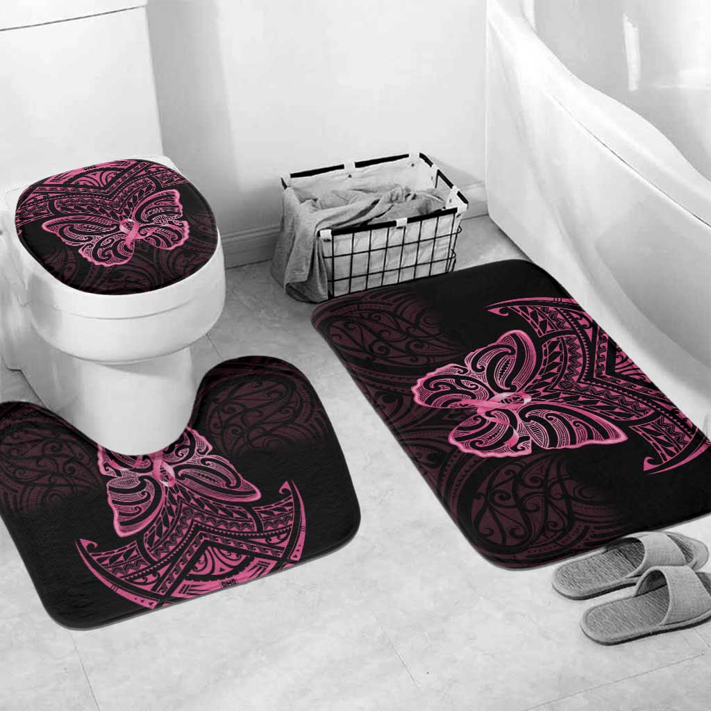 New Zealand Breast Cancer Awareness Bathroom Set Maori Butterfly Pink Ribbon Black Version LT14 Mat Set Only (3 pcs) One Size Black - Polynesian Pride