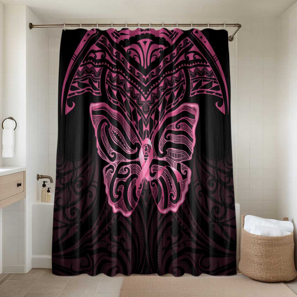 New Zealand Breast Cancer Awareness Bathroom Set Maori Butterfly Pink Ribbon Black Version LT14 Shower Curtain Only Black - Polynesian Pride