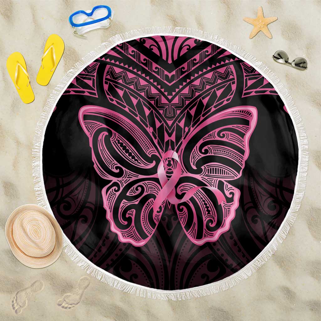 New Zealand Breast Cancer Awareness Beach Blanket Maori Butterfly Pink Ribbon Black Version LT14 One Size 150cm Black - Polynesian Pride