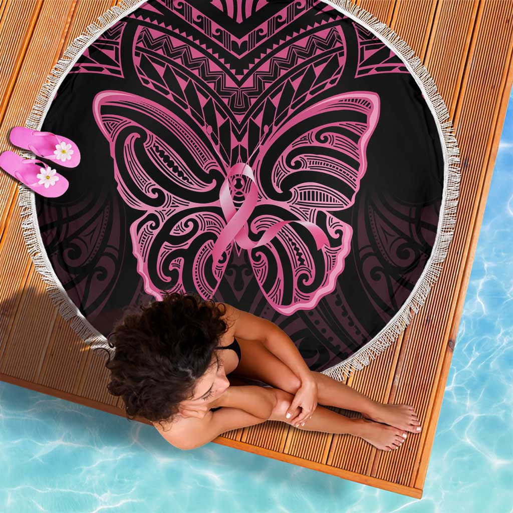 New Zealand Breast Cancer Awareness Beach Blanket Maori Butterfly Pink Ribbon Black Version LT14 - Polynesian Pride