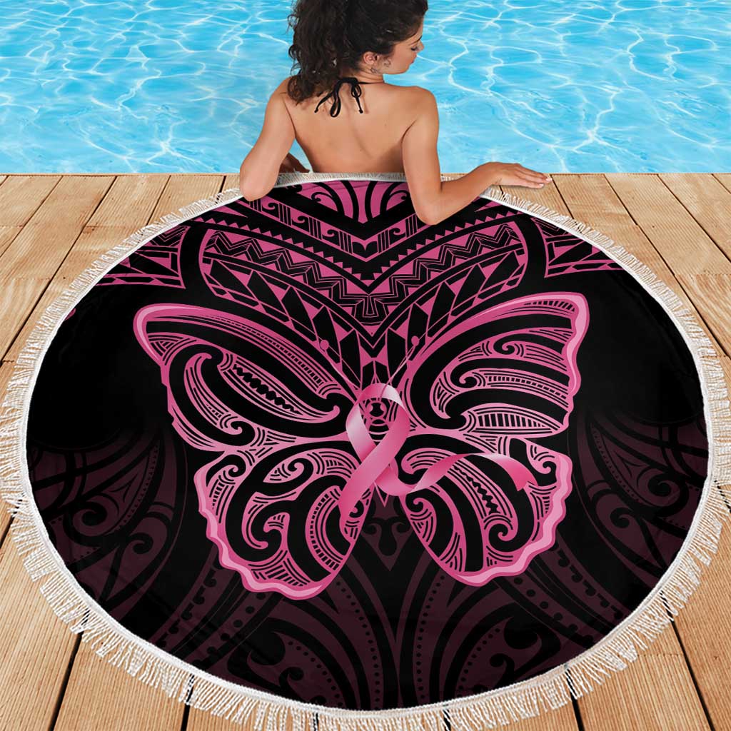 New Zealand Breast Cancer Awareness Beach Blanket Maori Butterfly Pink Ribbon Black Version LT14 - Polynesian Pride