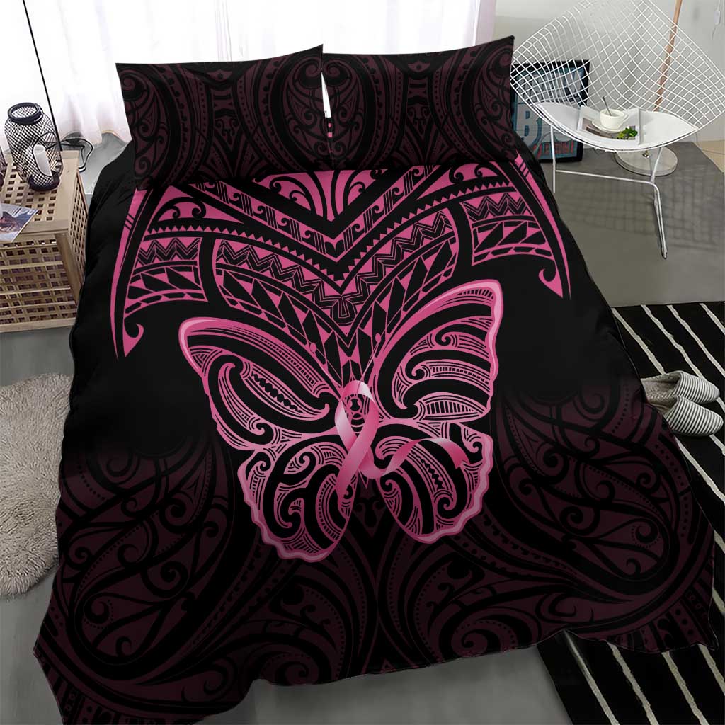 New Zealand Breast Cancer Awareness Bedding Set Maori Butterfly Pink Ribbon Black Version - Polynesian Pride