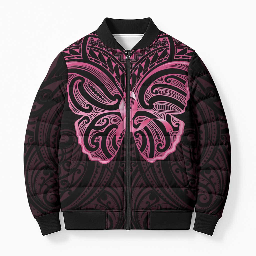 New Zealand Breast Cancer Awareness Bomber Puffer Jacket Maori Butterfly Pink Ribbon Black Version LT14 Unisex Black - Polynesian Pride