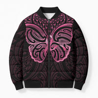 New Zealand Breast Cancer Awareness Bomber Puffer Jacket Maori Butterfly Pink Ribbon Black Version LT14 Unisex Black - Polynesian Pride