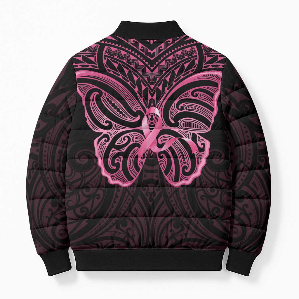 New Zealand Breast Cancer Awareness Bomber Puffer Jacket Maori Butterfly Pink Ribbon Black Version LT14 - Polynesian Pride