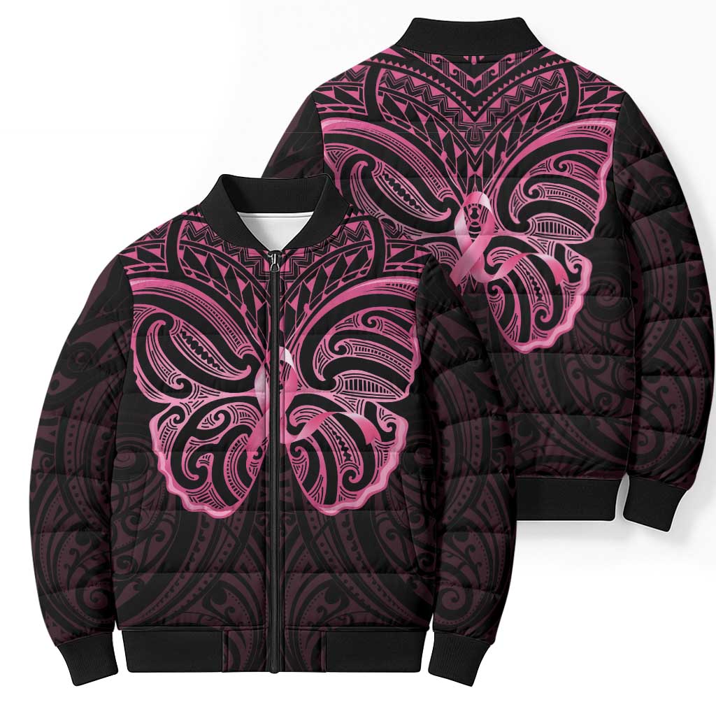 New Zealand Breast Cancer Awareness Bomber Puffer Jacket Maori Butterfly Pink Ribbon Black Version LT14 - Polynesian Pride