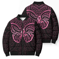 New Zealand Breast Cancer Awareness Bomber Puffer Jacket Maori Butterfly Pink Ribbon Black Version LT14 - Polynesian Pride