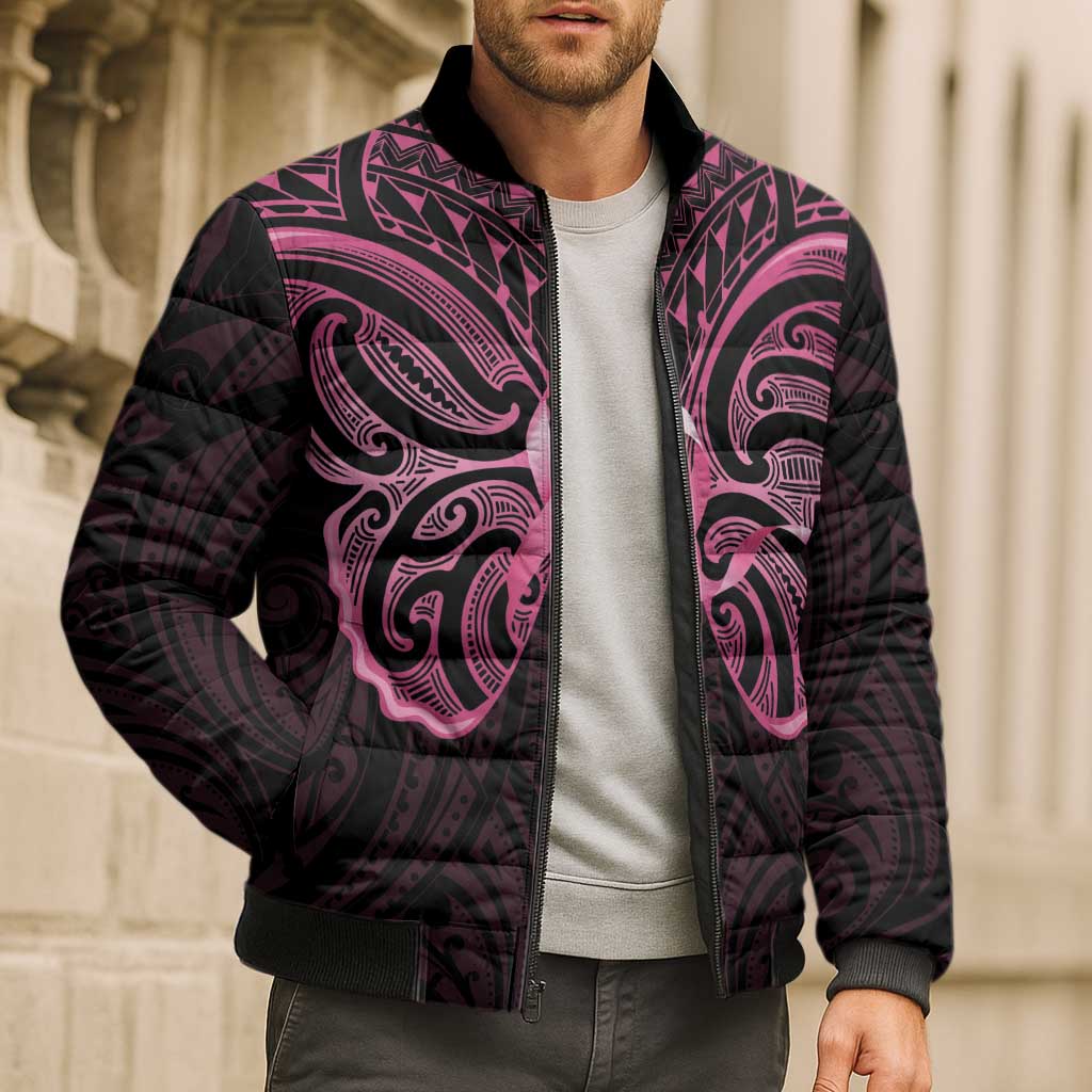 New Zealand Breast Cancer Awareness Bomber Puffer Jacket Maori Butterfly Pink Ribbon Black Version LT14 - Polynesian Pride