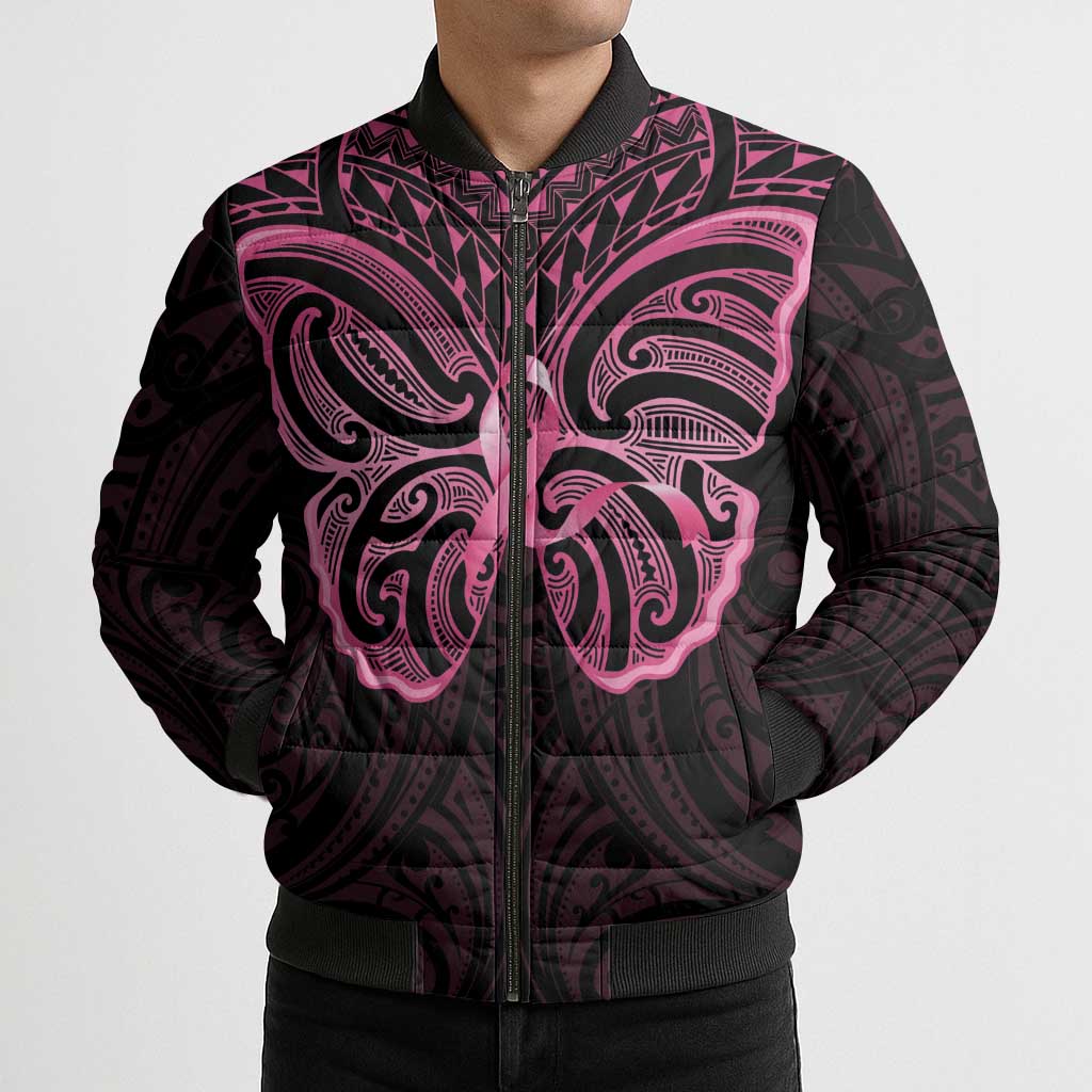 New Zealand Breast Cancer Awareness Bomber Puffer Jacket Maori Butterfly Pink Ribbon Black Version LT14 - Polynesian Pride