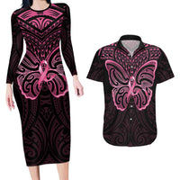 New Zealand Breast Cancer Awareness Couples Matching Long Sleeve Bodycon Dress and Hawaiian Shirt Maori Butterfly Pink Ribbon Black Version LT14 Black - Polynesian Pride