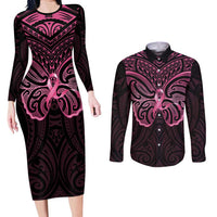 New Zealand Breast Cancer Awareness Couples Matching Long Sleeve Bodycon Dress and Long Sleeve Button Shirt Maori Butterfly Pink Ribbon Black Version LT14 Black - Polynesian Pride