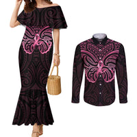 New Zealand Breast Cancer Awareness Couples Matching Mermaid Dress and Long Sleeve Button Shirt Maori Butterfly Pink Ribbon Black Version LT14 Black - Polynesian Pride
