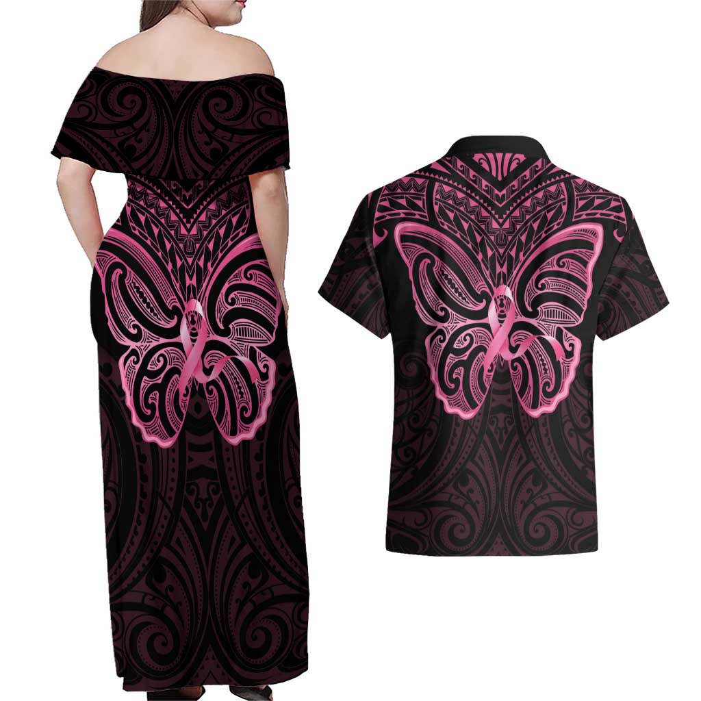 New Zealand Breast Cancer Awareness Couples Matching Off Shoulder Maxi Dress and Hawaiian Shirt Maori Butterfly Pink Ribbon Black Version LT14 - Polynesian Pride