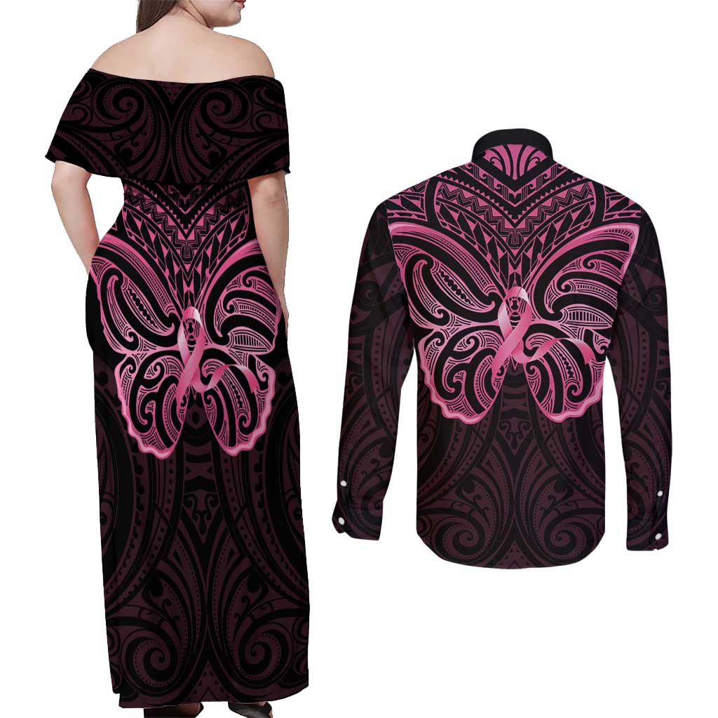 New Zealand Breast Cancer Awareness Couples Matching Off Shoulder Maxi Dress and Long Sleeve Button Shirt Maori Butterfly Pink Ribbon Black Version LT14 - Polynesian Pride