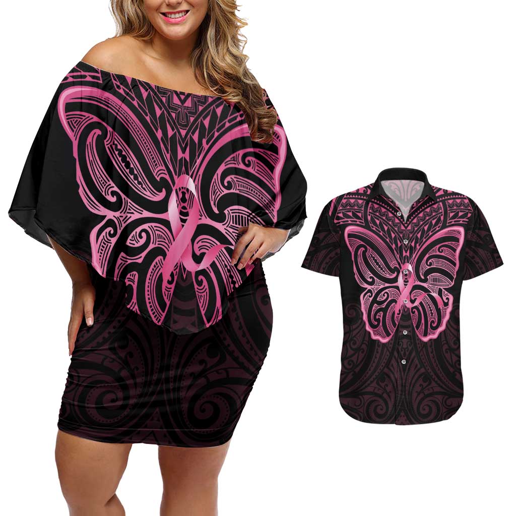 New Zealand Breast Cancer Awareness Couples Matching Off Shoulder Short Dress and Hawaiian Shirt Maori Butterfly Pink Ribbon Black Version LT14 Black - Polynesian Pride