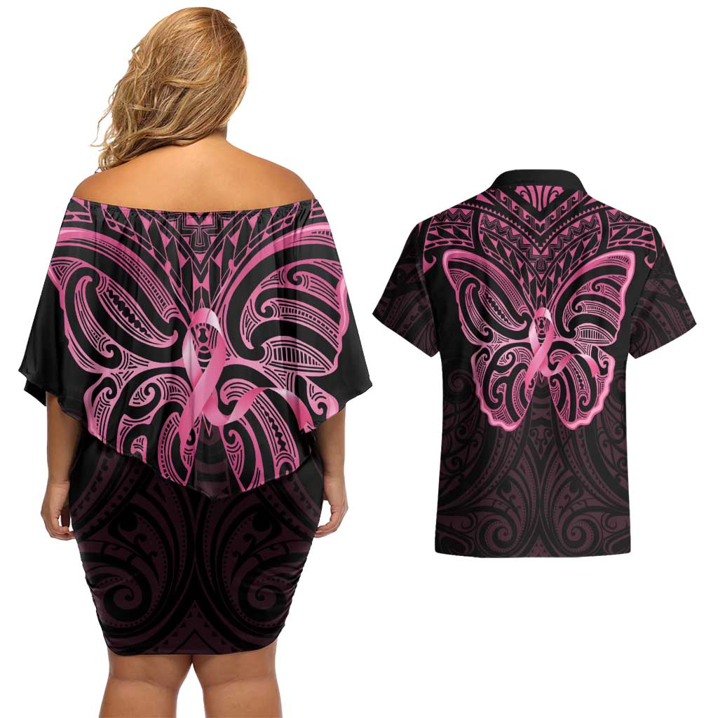 New Zealand Breast Cancer Awareness Couples Matching Off Shoulder Short Dress and Hawaiian Shirt Maori Butterfly Pink Ribbon Black Version LT14 - Polynesian Pride
