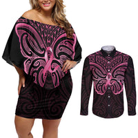 New Zealand Breast Cancer Awareness Couples Matching Off Shoulder Short Dress and Long Sleeve Button Shirt Maori Butterfly Pink Ribbon Black Version LT14 Black - Polynesian Pride