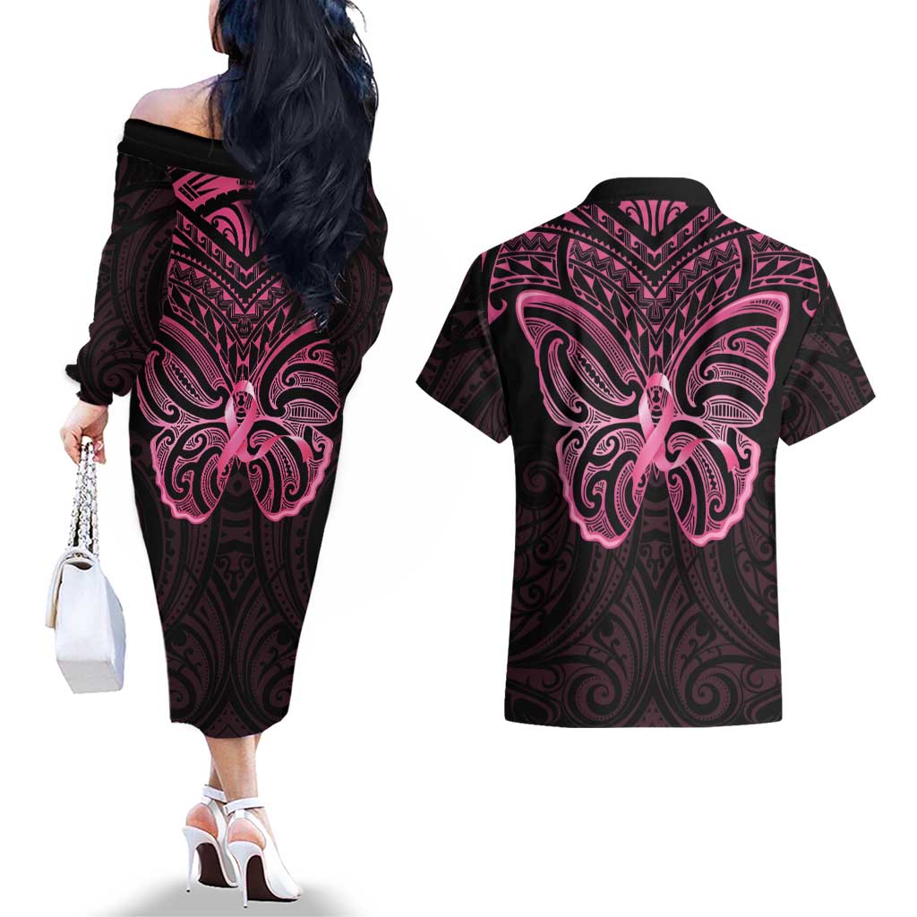 New Zealand Breast Cancer Awareness Couples Matching Off The Shoulder Long Sleeve Dress and Hawaiian Shirt Maori Butterfly Pink Ribbon Black Version LT14 - Polynesian Pride