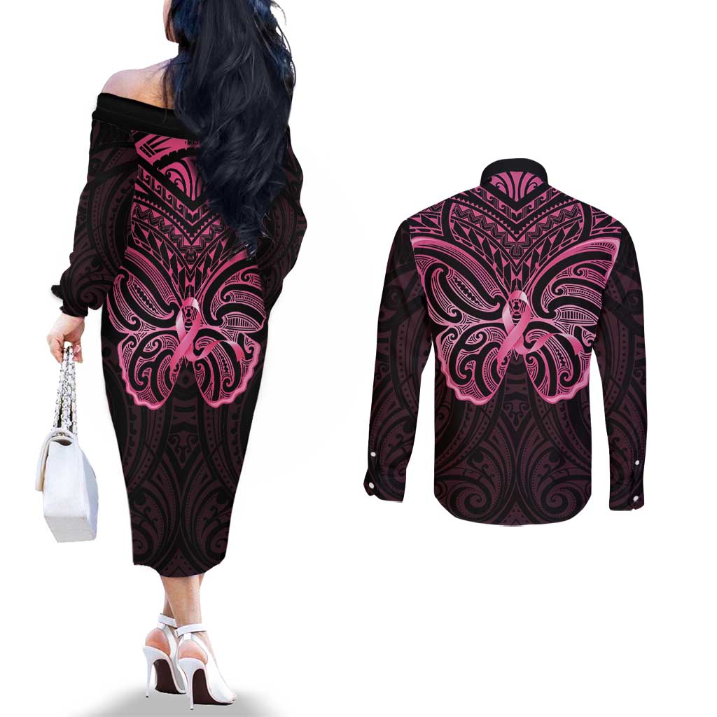 New Zealand Breast Cancer Awareness Couples Matching Off The Shoulder Long Sleeve Dress and Long Sleeve Button Shirt Maori Butterfly Pink Ribbon Black Version LT14 - Polynesian Pride