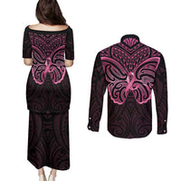 New Zealand Breast Cancer Awareness Couples Matching Puletasi and Long Sleeve Button Shirt Maori Butterfly Pink Ribbon Black Version LT14 - Polynesian Pride