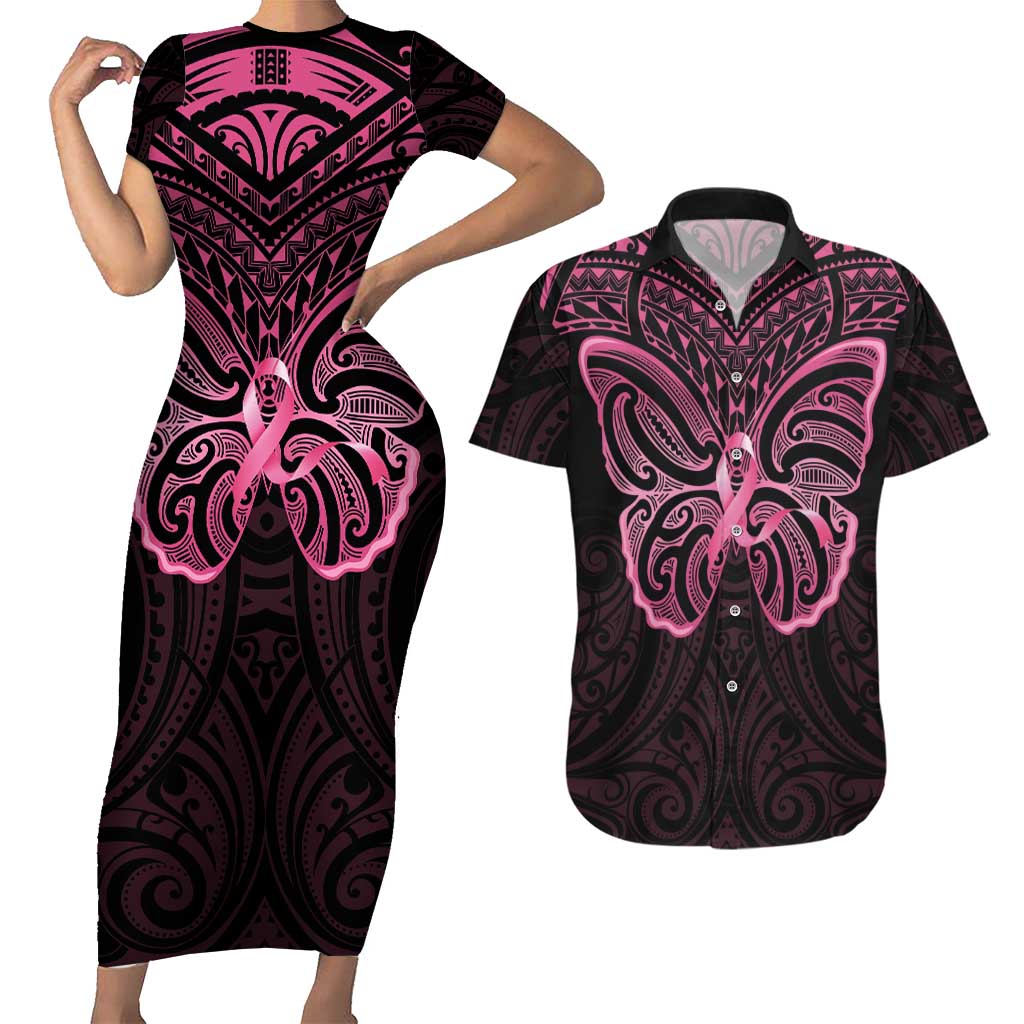 New Zealand Breast Cancer Awareness Couples Matching Short Sleeve Bodycon Dress and Hawaiian Shirt Maori Butterfly Pink Ribbon Black Version LT14 Black - Polynesian Pride