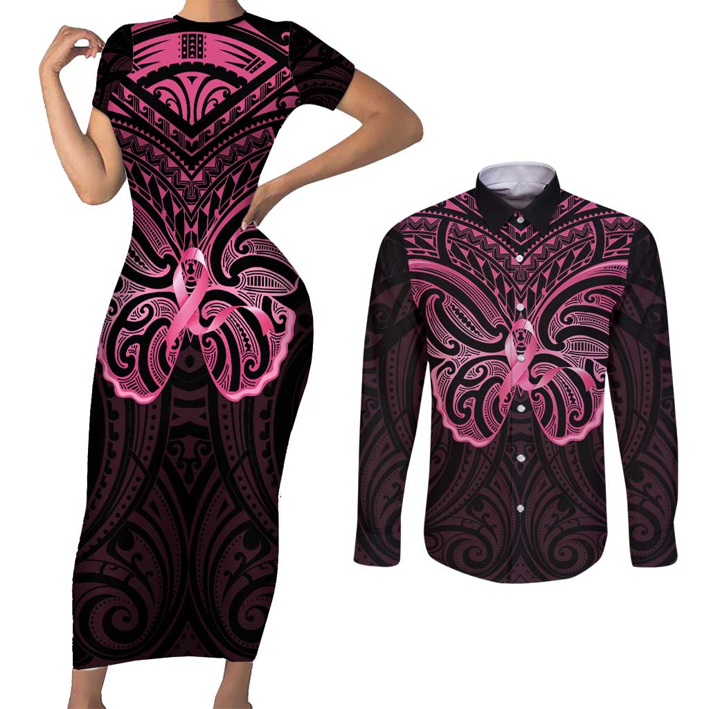 New Zealand Breast Cancer Awareness Couples Matching Short Sleeve Bodycon Dress and Long Sleeve Button Shirt Maori Butterfly Pink Ribbon Black Version LT14 Black - Polynesian Pride