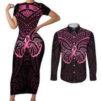New Zealand Breast Cancer Awareness Couples Matching Short Sleeve Bodycon Dress and Long Sleeve Button Shirt Maori Butterfly Pink Ribbon Black Version LT14 Black - Polynesian Pride