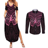 New Zealand Breast Cancer Awareness Couples Matching Summer Maxi Dress and Long Sleeve Button Shirt Maori Butterfly Pink Ribbon Black Version LT14 Black - Polynesian Pride
