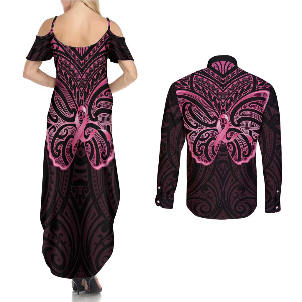 New Zealand Breast Cancer Awareness Couples Matching Summer Maxi Dress and Long Sleeve Button Shirt Maori Butterfly Pink Ribbon Black Version LT14 - Polynesian Pride
