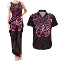 New Zealand Breast Cancer Awareness Couples Matching Tank Maxi Dress and Hawaiian Shirt Maori Butterfly Pink Ribbon Black Version LT14 Black - Polynesian Pride