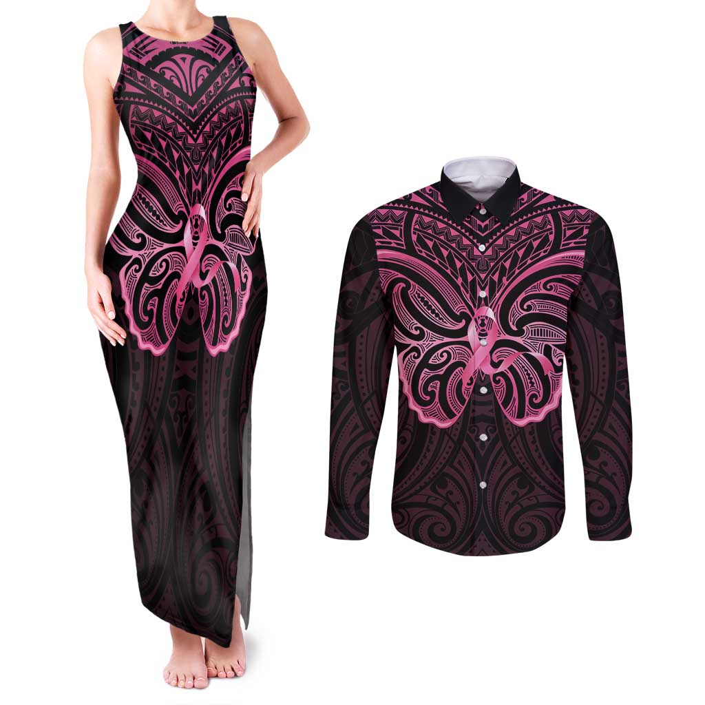 New Zealand Breast Cancer Awareness Couples Matching Tank Maxi Dress and Long Sleeve Button Shirt Maori Butterfly Pink Ribbon Black Version LT14 Black - Polynesian Pride