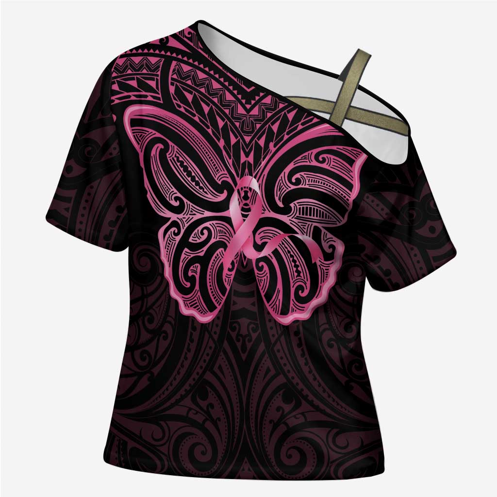 New Zealand Breast Cancer Awareness Cross Shoulder Shirt Maori Butterfly Pink Ribbon Black Version LT14 Female Black - Polynesian Pride