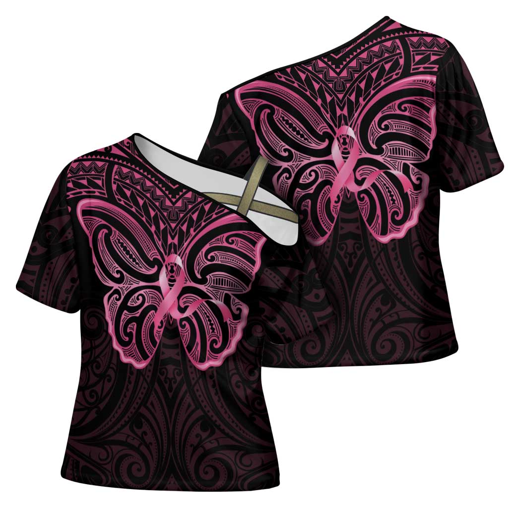 New Zealand Breast Cancer Awareness Cross Shoulder Shirt Maori Butterfly Pink Ribbon Black Version LT14 - Polynesian Pride