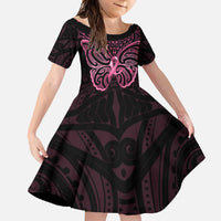 New Zealand Breast Cancer Awareness Family Matching Long Sleeve Bodycon Dress and Hawaiian Shirt Maori Butterfly Pink Ribbon Black Version LT14 Daughter's Dress Black - Polynesian Pride