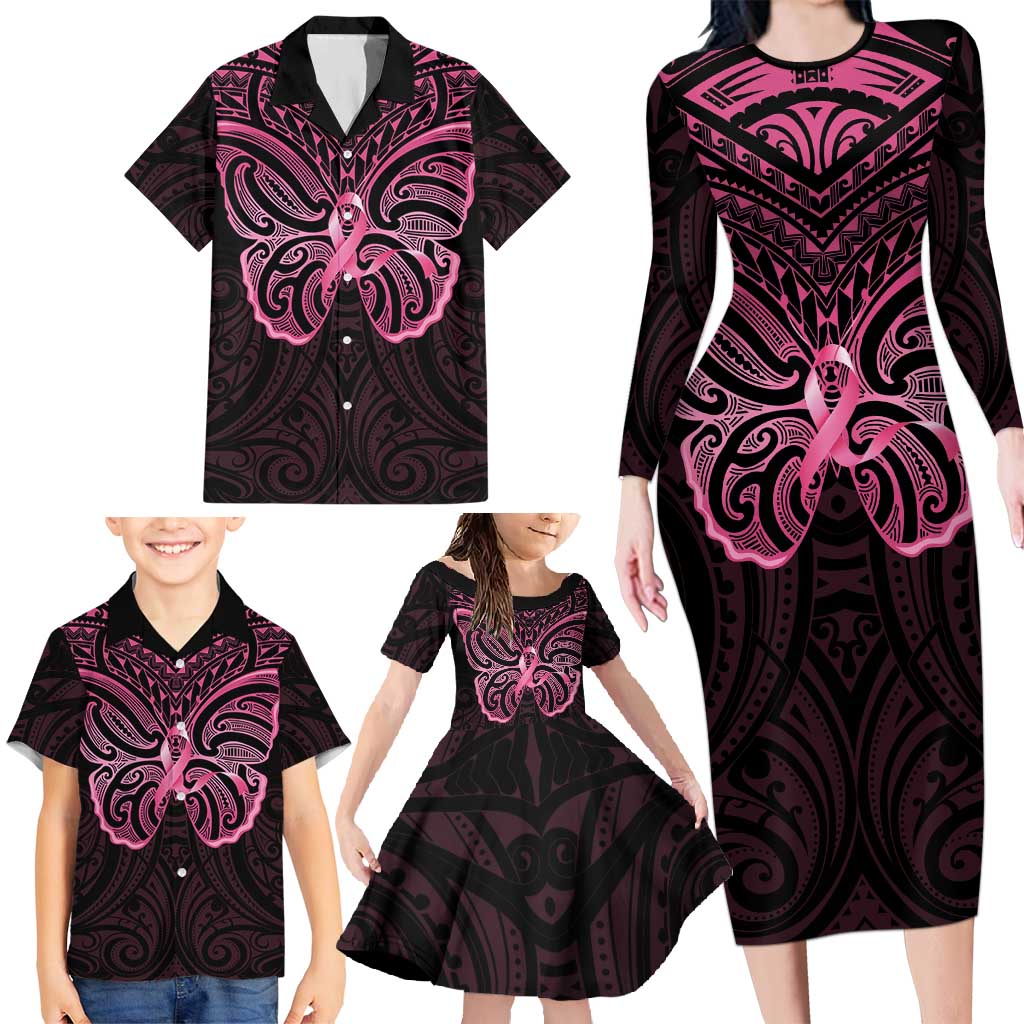 New Zealand Breast Cancer Awareness Family Matching Long Sleeve Bodycon Dress and Hawaiian Shirt Maori Butterfly Pink Ribbon Black Version LT14 - Polynesian Pride